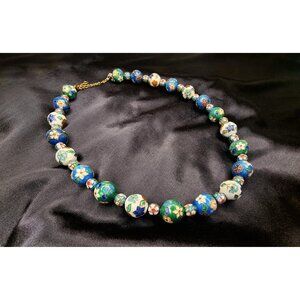 Vintage Asian Cloisonne Blue Green White Floral Flowers Beaded Necklace